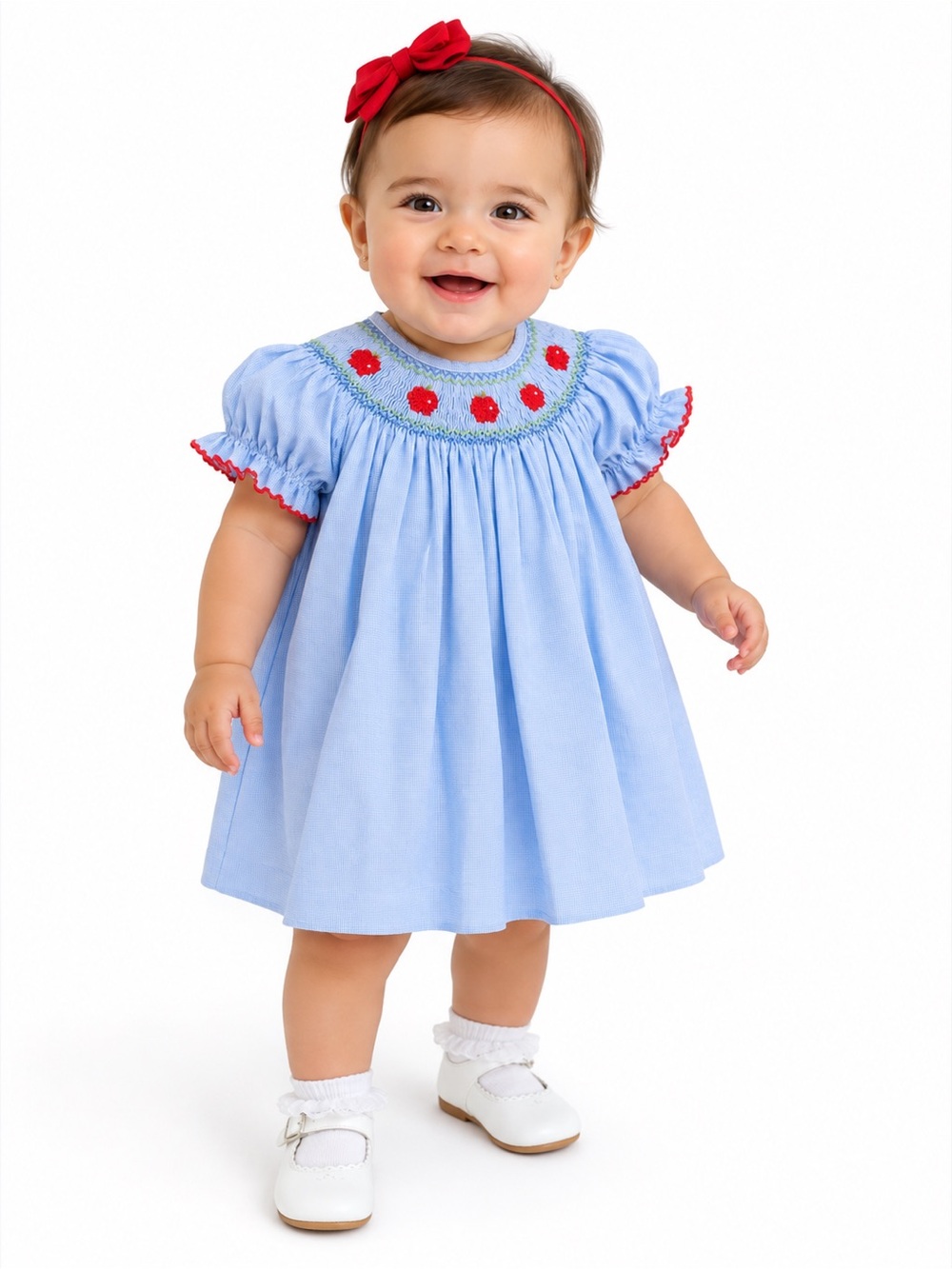 Edgehill Collection Light Blue Baby Smocked Dress with Red Apple Trim